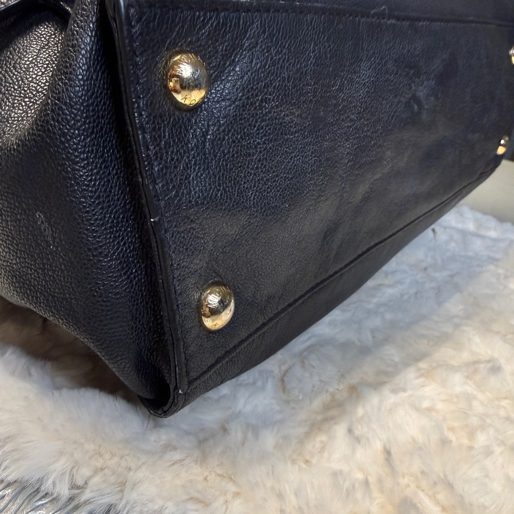 Michael Kors Hamilton Black Leather Satchel Tote Gold Lock Key Chain Strap - Picture 15 of 17